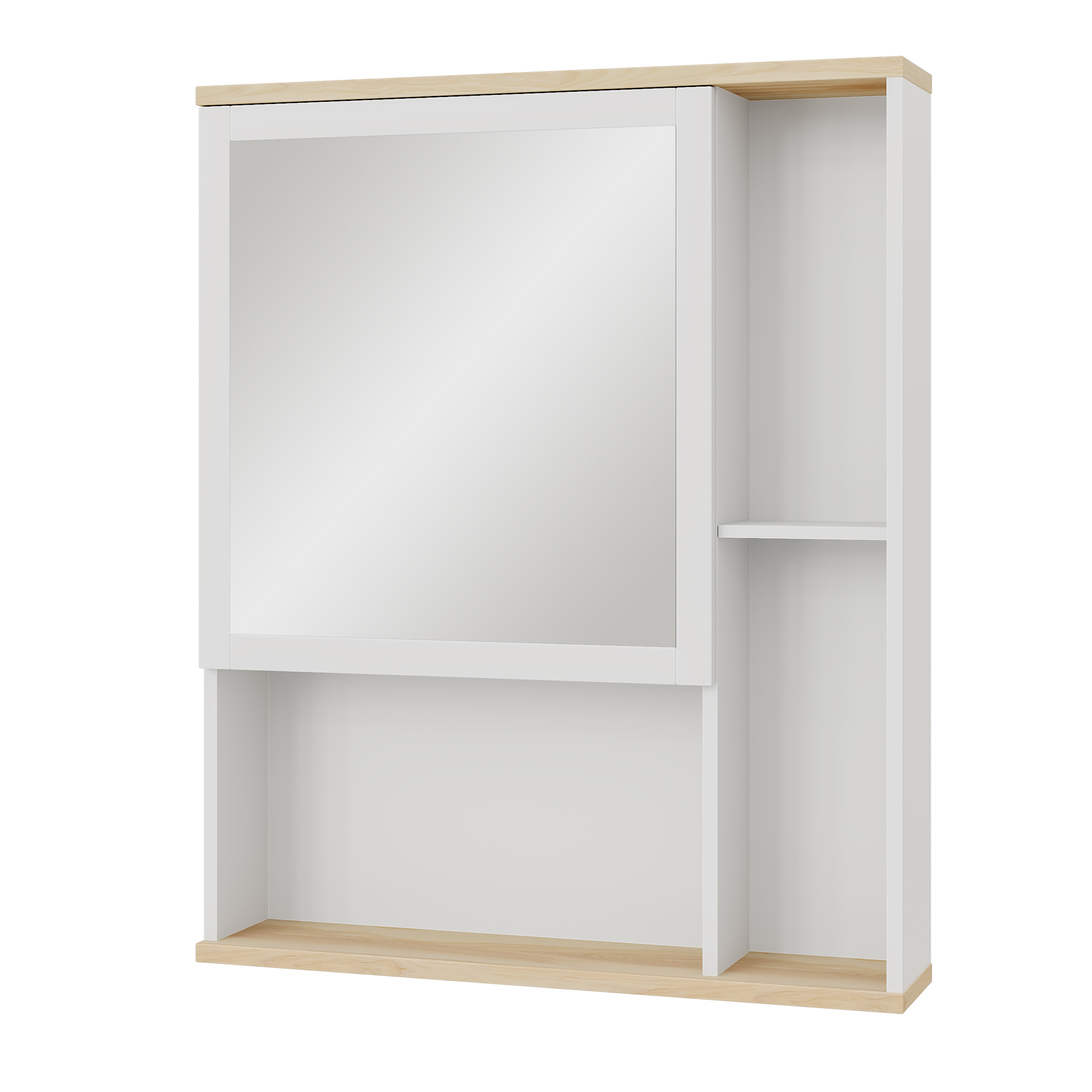 Шкаф с зеркалом на эмали и открытой полкой из массива ясеня, левый