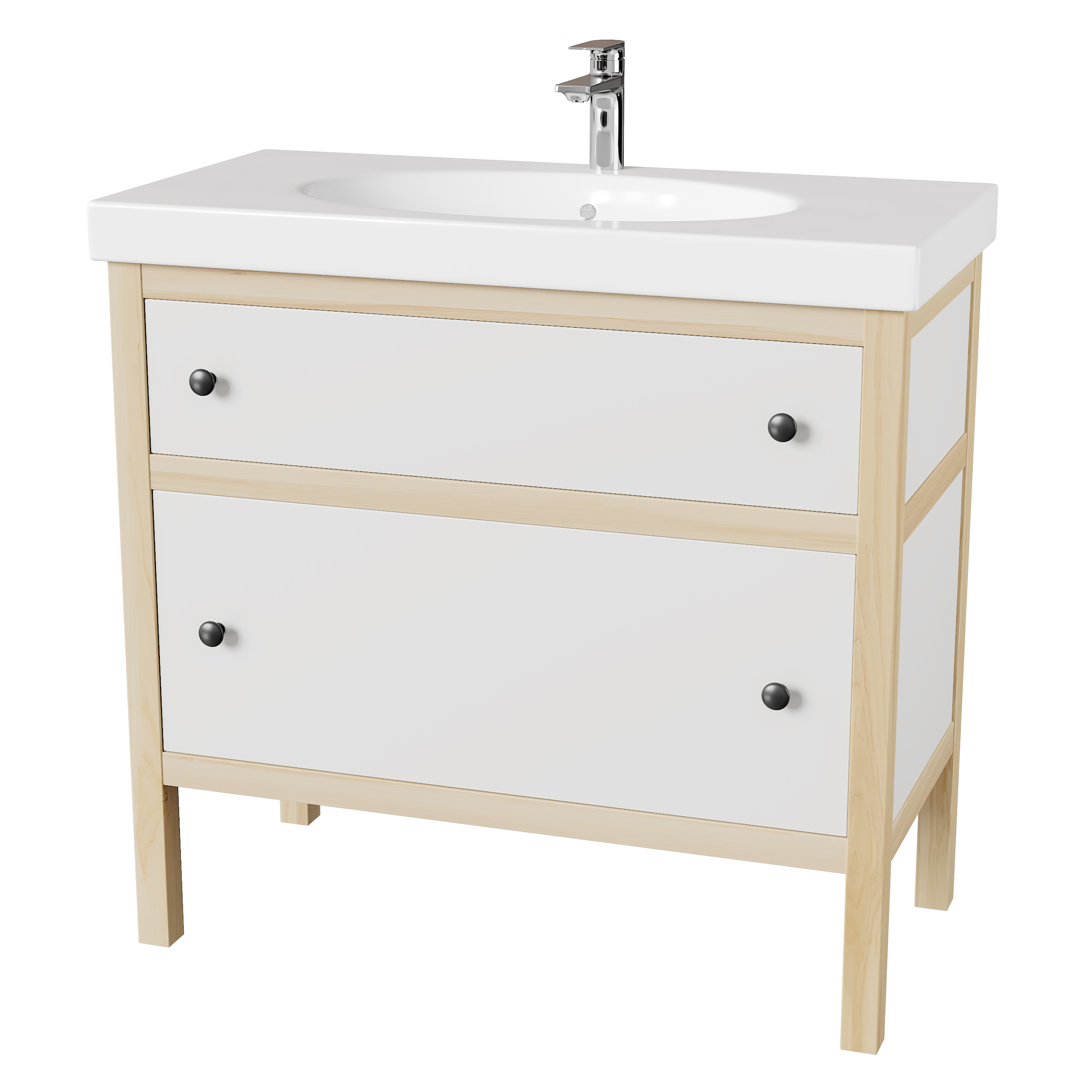 Тумба 900 мм каркас массив ясеня, фасады эмаль с раковиной и двумя ящиками