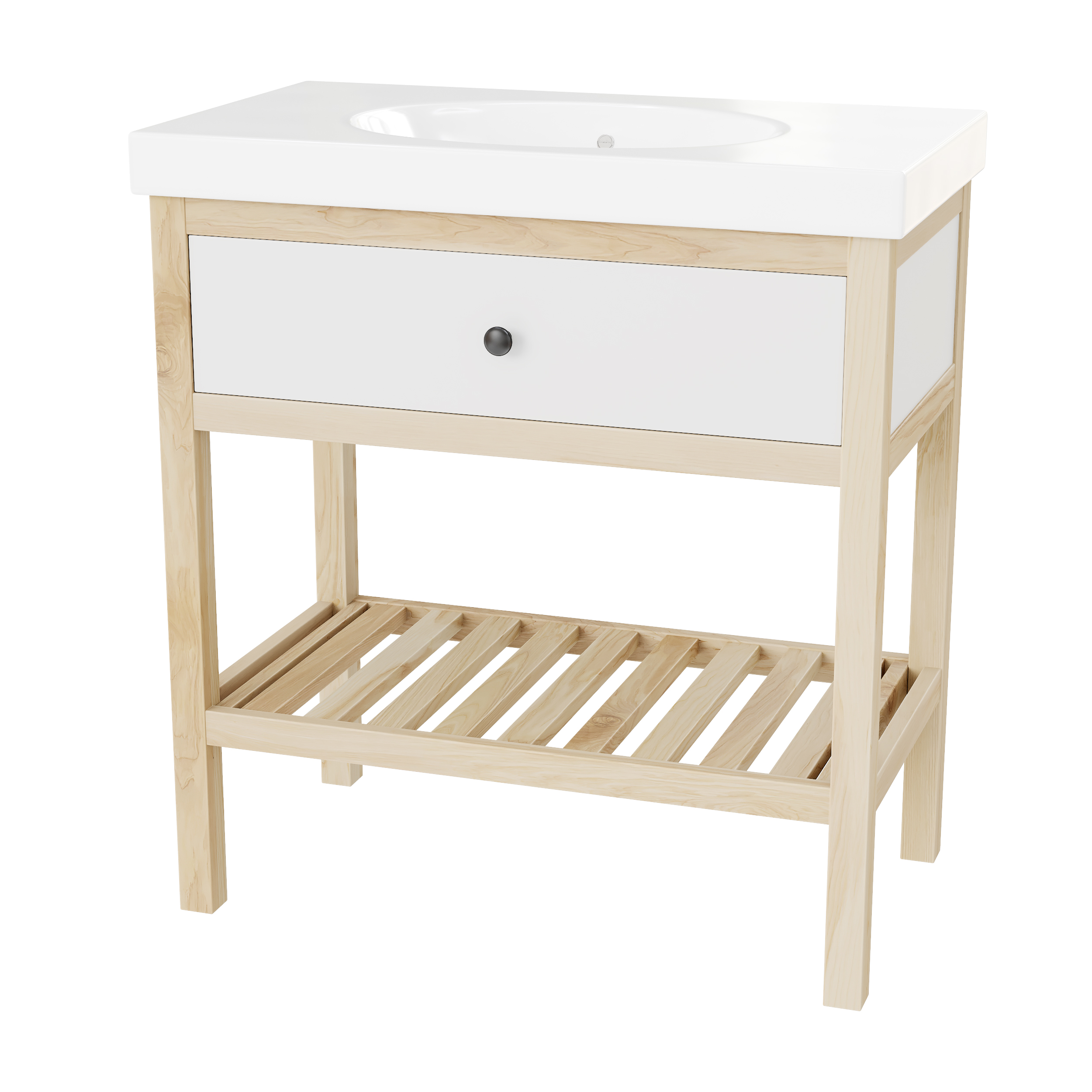 Тумба открытая 800 мм каркас из массива ясеня с раковиной и одним ящиком, фасады белая эмаль