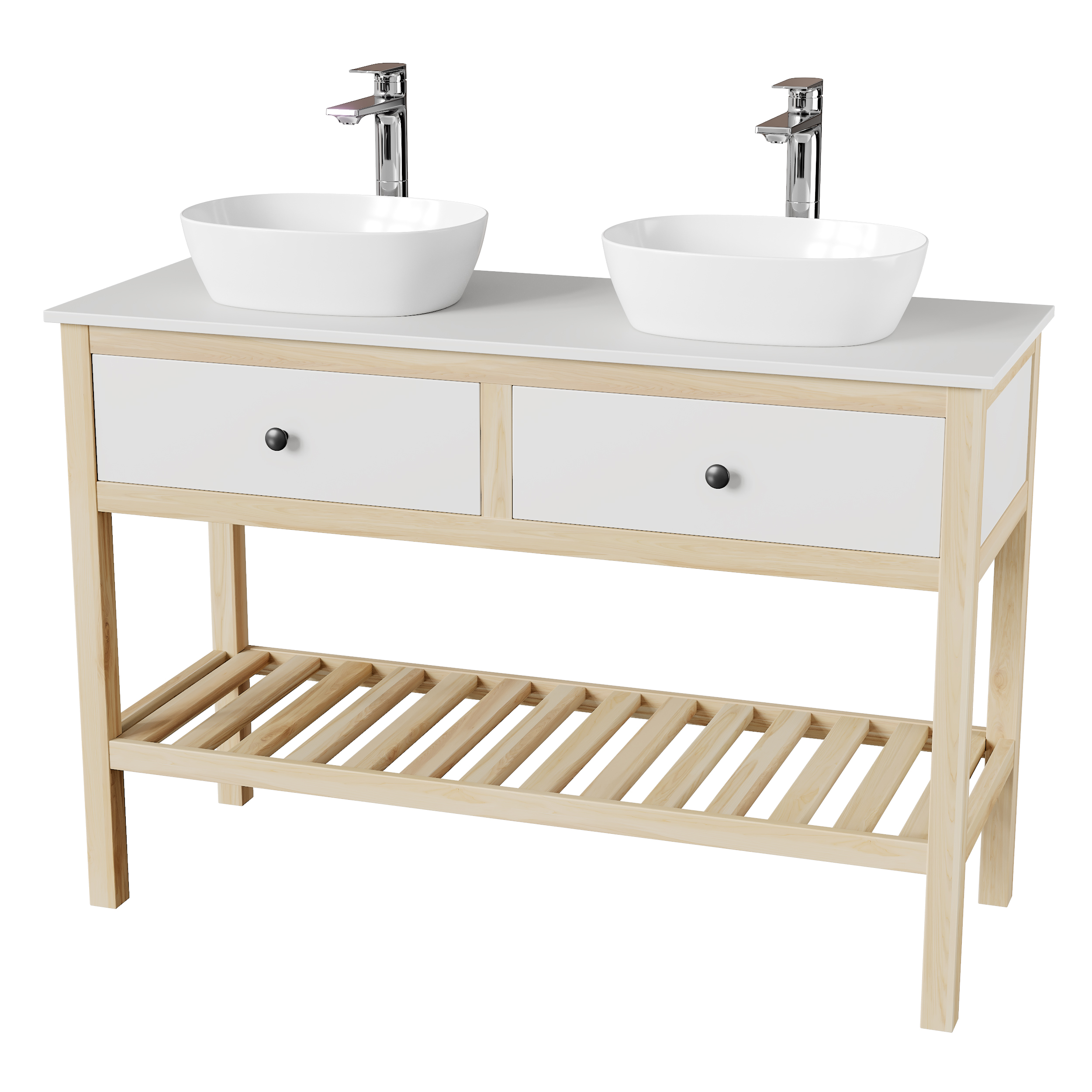 Двойная тумба 1130 мм каркас и столешница массив ясеня для двух накладных раковин, фасады эмаль с двумя ящиками