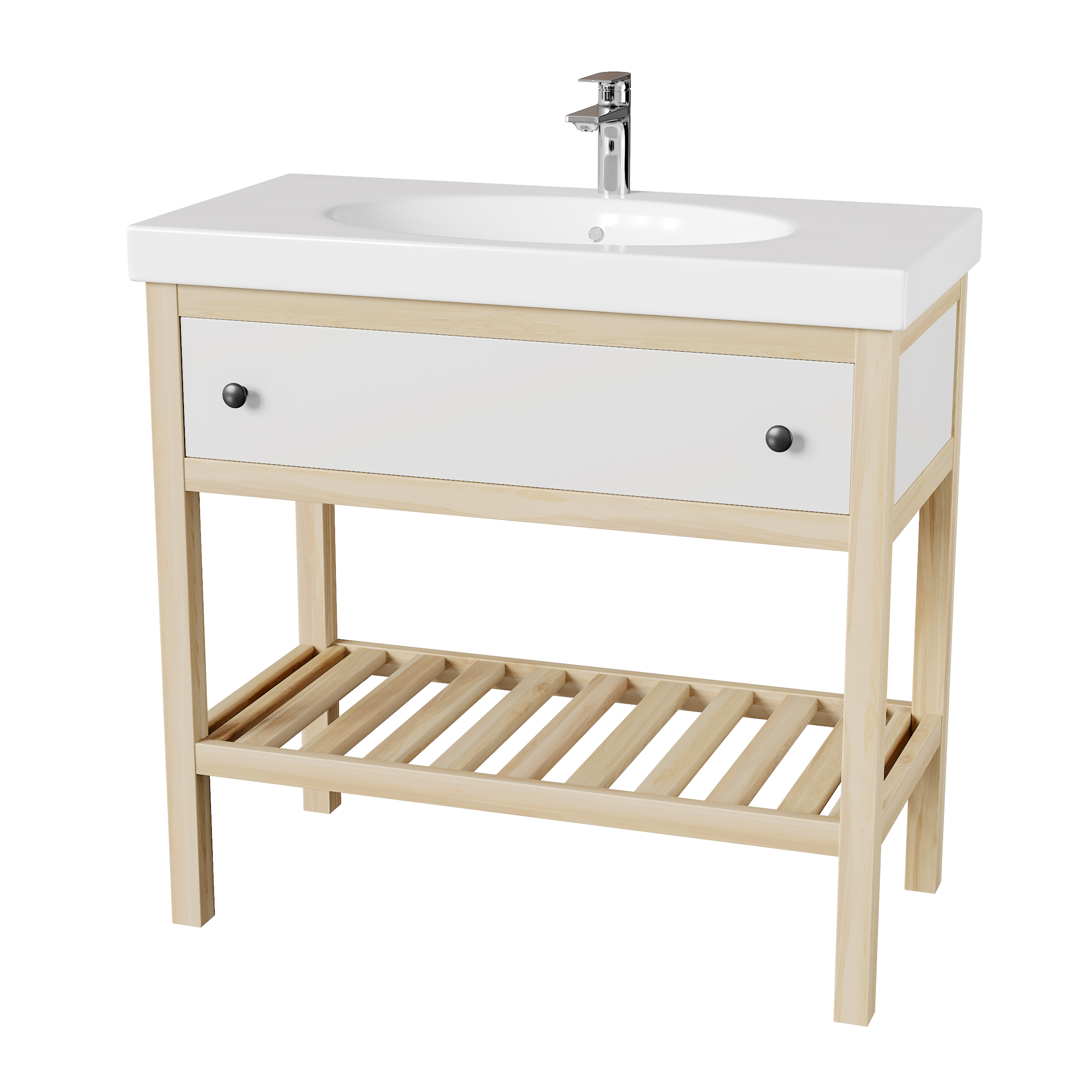 Тумба открытая 900 мм массив ясеня фасады эмаль с раковиной и одним ящиком