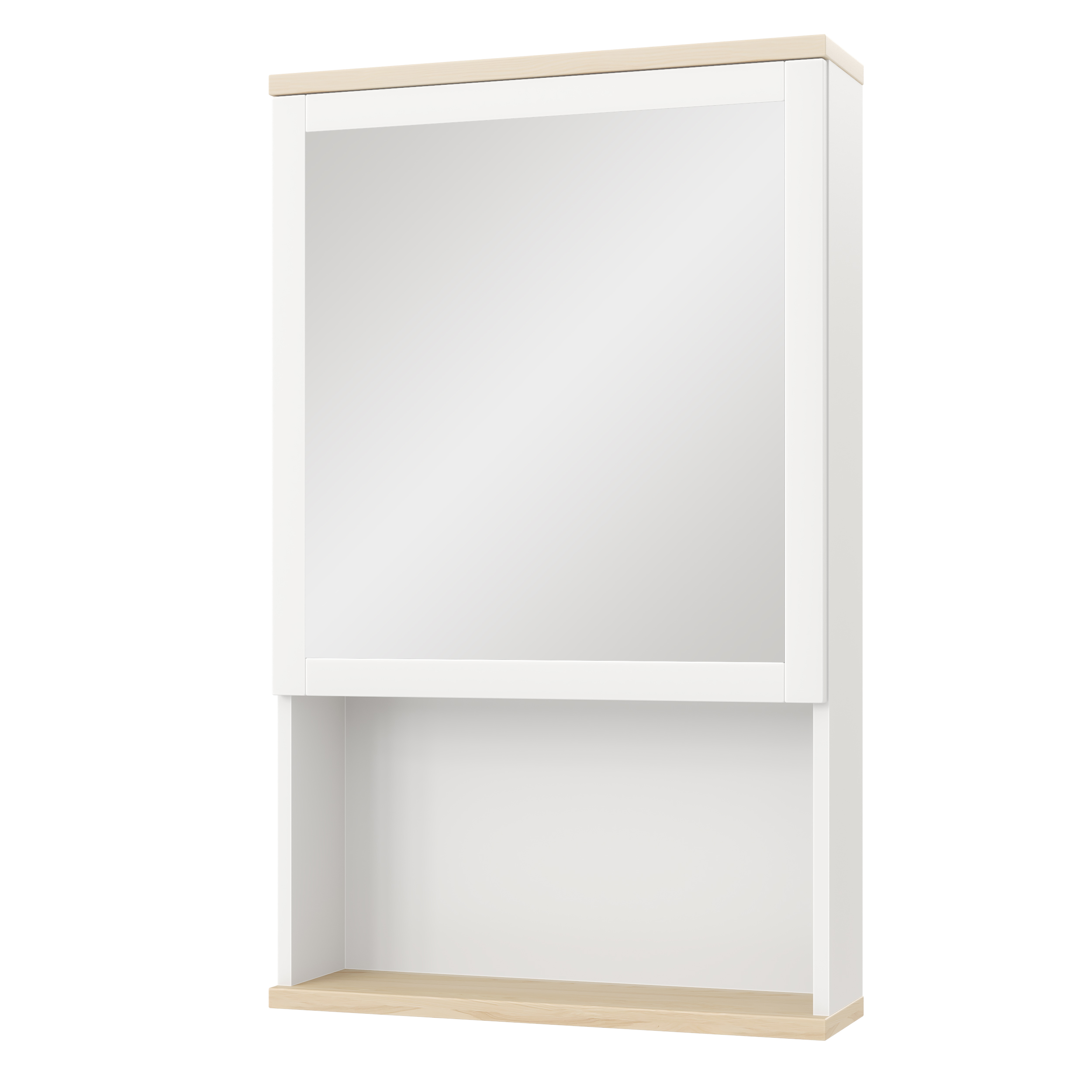 Шкаф с зеркалом на эмали и открытой полкой из массива ясеня