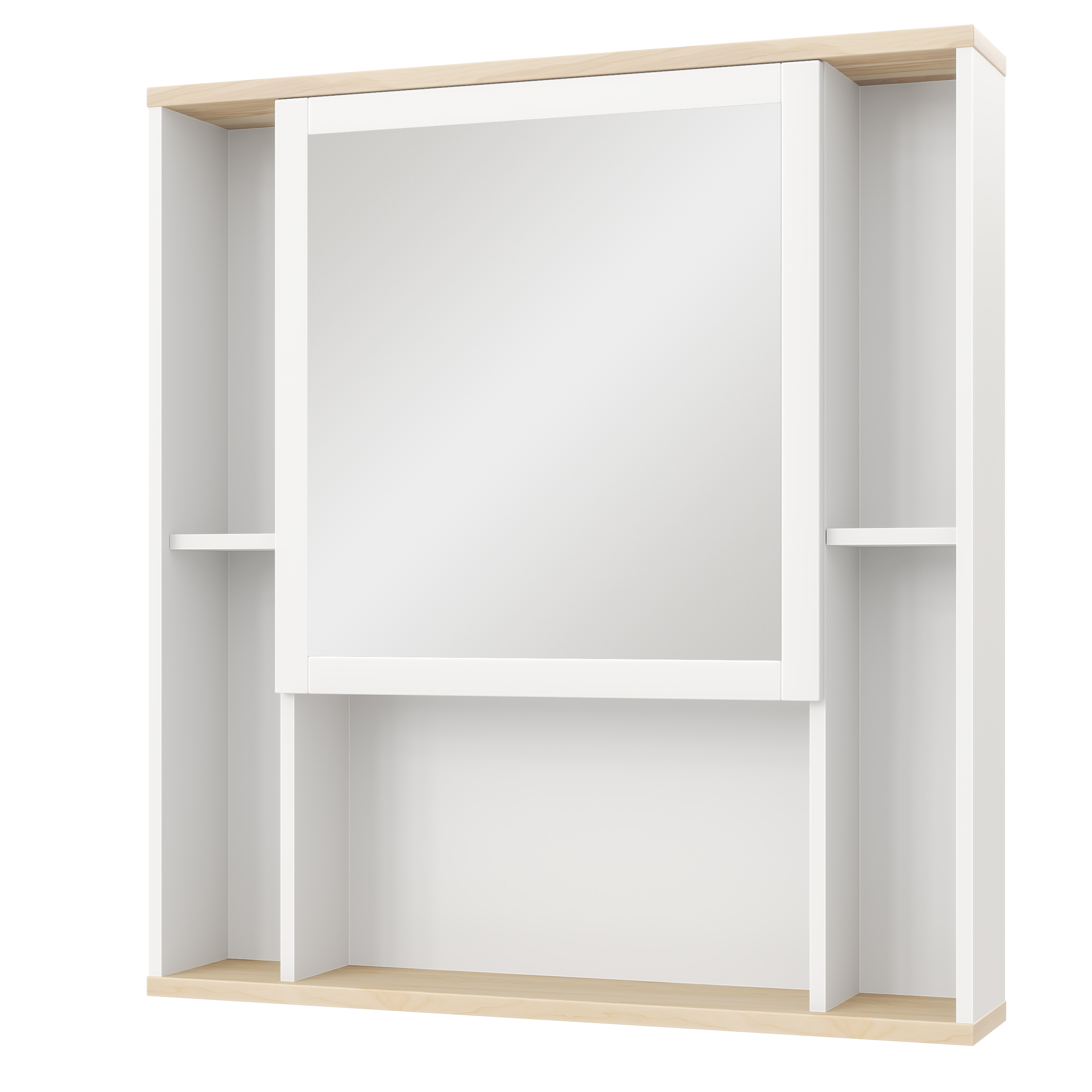 Шкаф с зеркалом на белой эмали и открытой полкой из массива ясеня