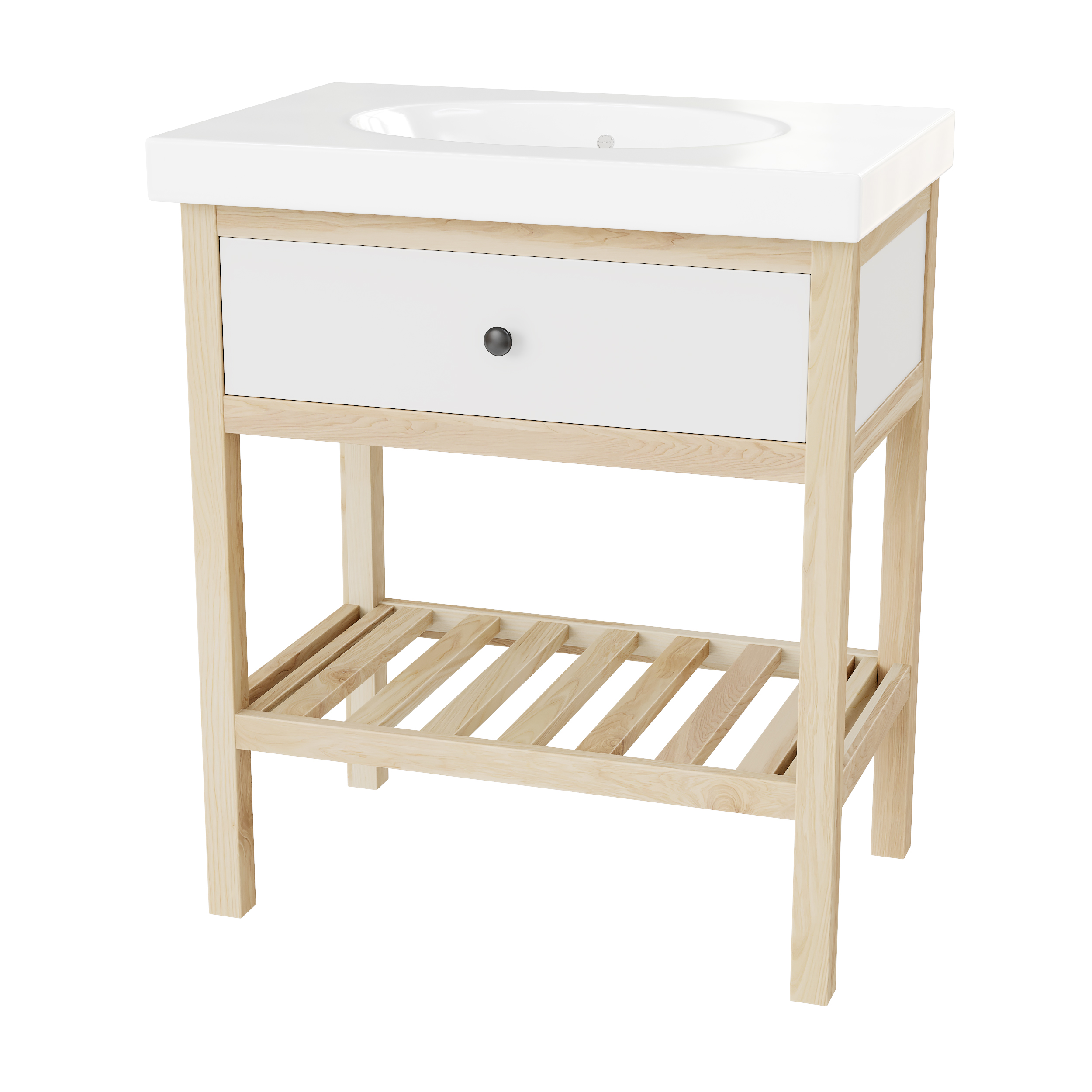 Тумба открытая 730 мм каркас массив ясеня и белая эмаль с раковиной и одним ящиком