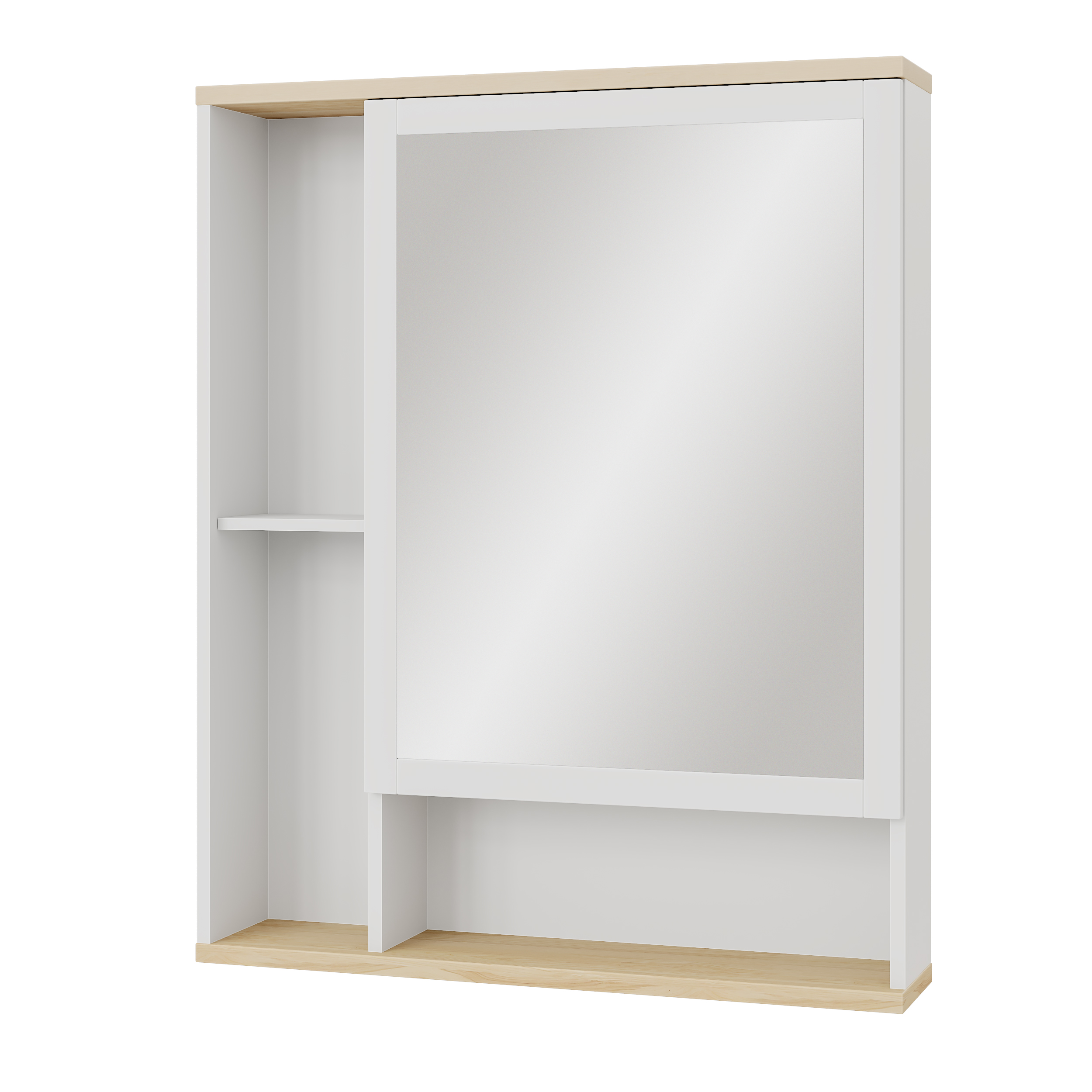 Шкаф с высоким зеркалом на эмали и открытой полкой из массива ясеня, правый