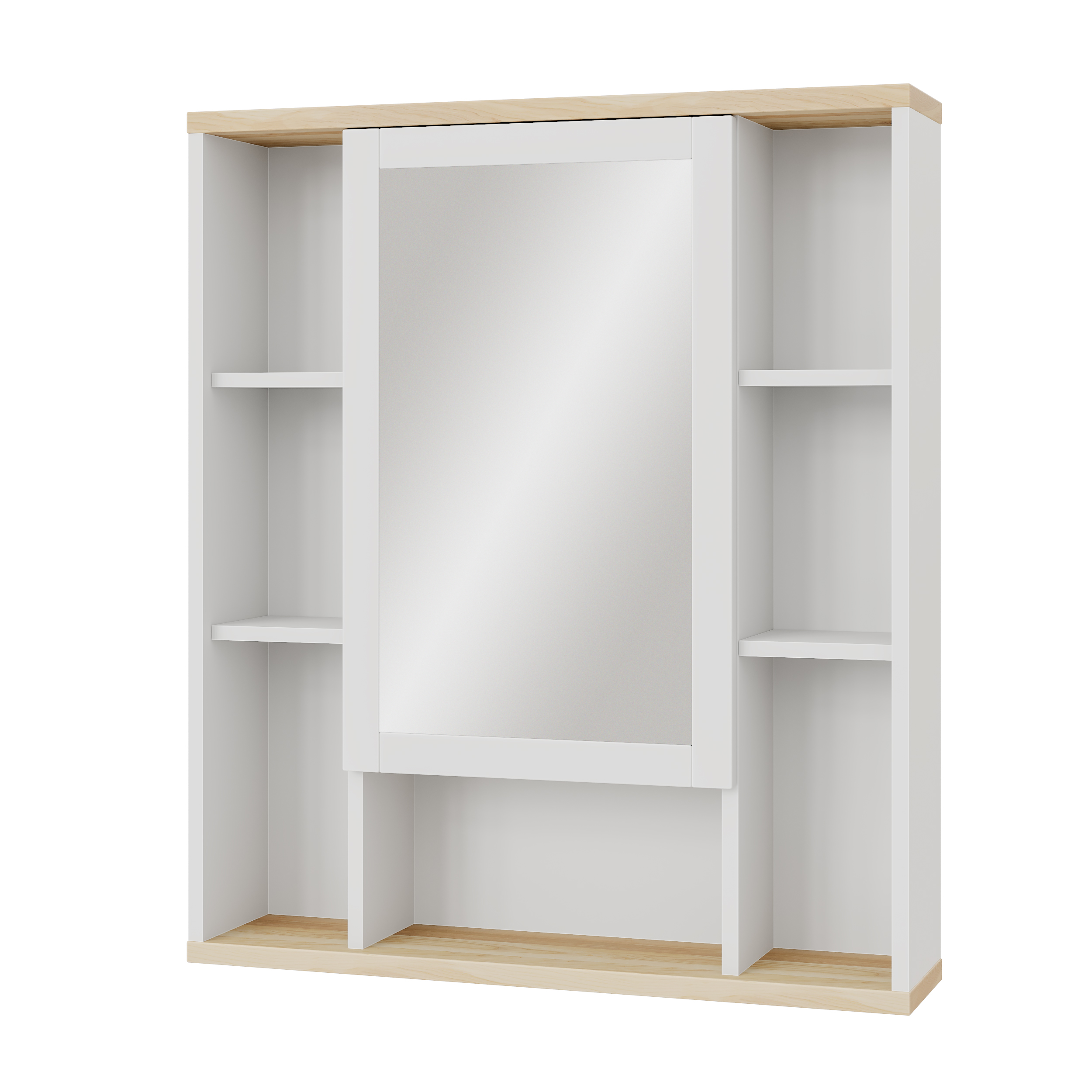 Шкаф с зеркалом на белой эмали и открытой полкой из массива ясеня